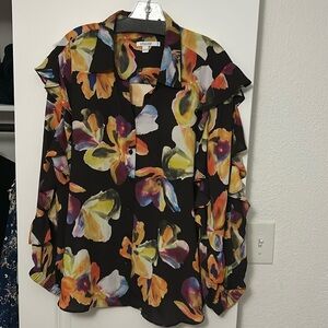 Chico’s Black and Floral Print Ruffle Blouse